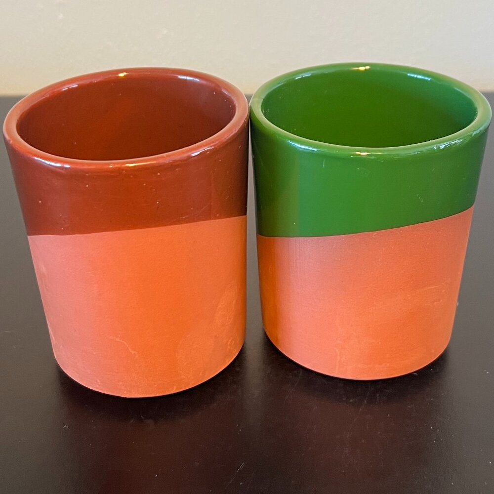 Set of 2 Handcrafted Terra Cotta Pottery Coffee Mugs Asymmetrical Dipped Glaze - Picture 3 of 13